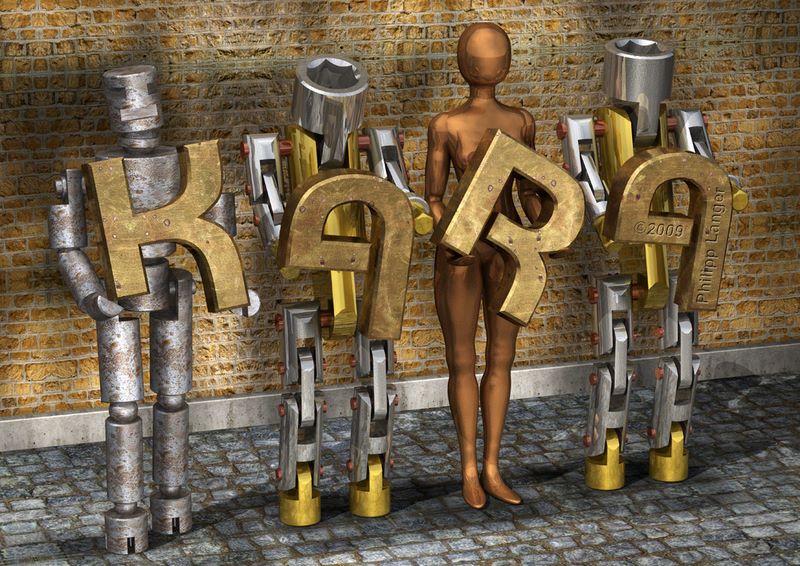 Androide Roboter, Lettern tragend / Android Robots Holding Massive Golden Letters / 2009